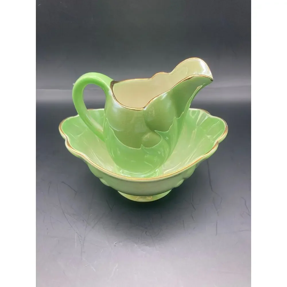 Vintage Maling Pottery Green Lusterware Gold Rim Cream Jug & Sugar Bowl Set